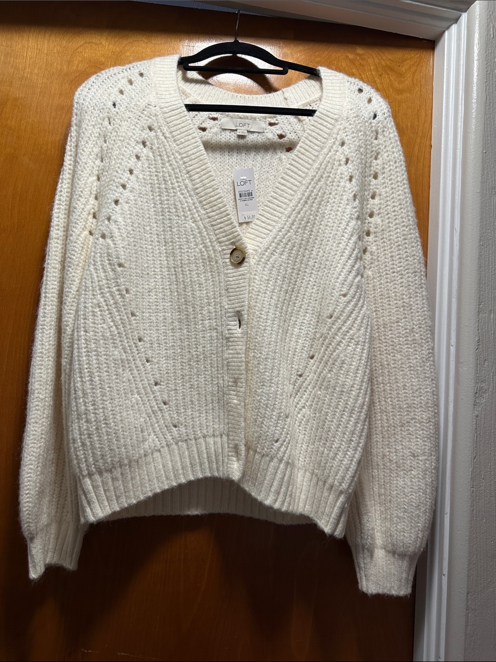 LOFT Cream Open-Knit V-Neck Button Cardigan